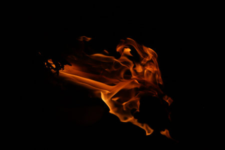 Fire flames on a black background, close-up, fire patterns