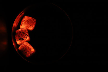 Glowing coals with glitch style lighting, enriched by noise, effect and grain details, create a...