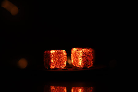 Glowing coals with glitch style lighting, enriched by noise, effect and grain details, create a...