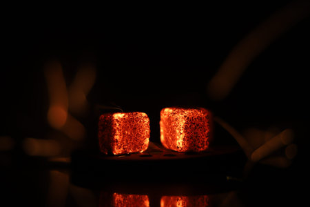 Glowing coals with glitch style lighting, enriched by noise, effect and grain details, create a...