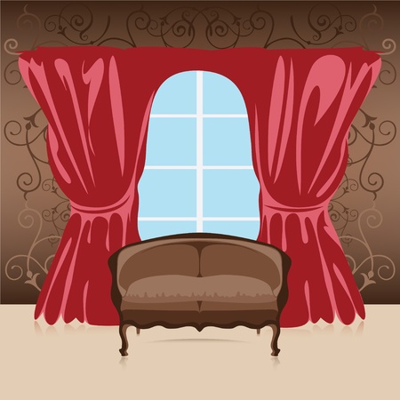 Interior, sofa in the room against the wall, curtains and window, illustrationのイラスト素材