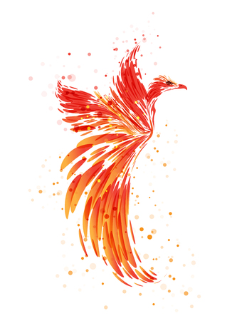 Flaming Phoenix on white background, burning mythical bird