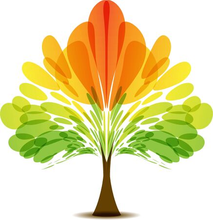 Multicolored abstract tree, autumn tree, tree, icon tree, red yellow orange green, symmetrical crown, season treeのイラスト素材