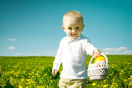 little boy child in summer picnic with basket of fruit outdoors