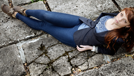unusual freckle woman in urban fashion European styleの写真素材
