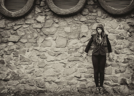 unusual freckle woman in urban fashion European styleの写真素材