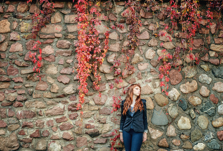 unusual freckle woman in urban fashion European styleの写真素材