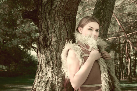 modern fairy tale about young girl beauty in the woodの写真素材