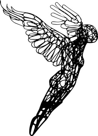 Illustration of an angel flying with angel wings spread open. Line art figurine woman rising high.のイラスト素材