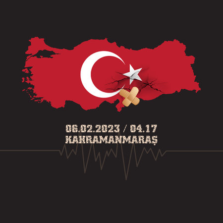 Catastrophic devastating earthquake shock in south east Turkey. Natural disaster in Kahramanmaras, Turkey, 06 February 2023. Map flag of Turkey with cracks and adhesive plaster.のイラスト素材