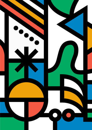 Poster geometric illustration announcement for festival, party, congress, meeting, online education. Ready copy text are for headline, subtitle, date, location, sponsor logosのイラスト素材