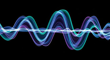 Abstract motion wave with luminous blue, teal, and violet ribbons undulating against deep black â perfect for tech, music, or futuristic visual projects requiring dynamic energy.の素材