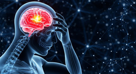 Abstract medical illustration of a human brain glowing with active neural signals, encased in a semi-transparent skull and skeleton, set against a futuristic data network backdropの素材