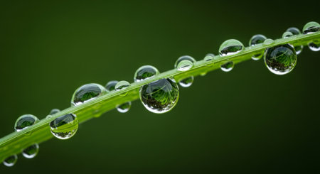 Macro view of perfectly spherical water droplets clinging to a fresh grass stem, capturing mirrored greenery and natural light â ideal for nature, wellness, or eco-themed design prの素材