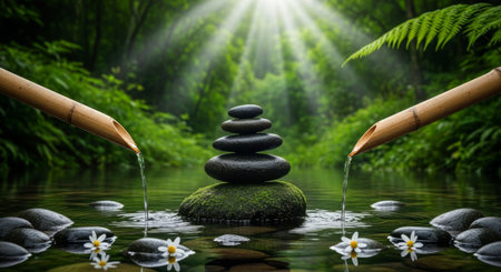 Tranquil nature scene featuring balanced stones, gentle water streams from bamboo pipes, floating flowers, and sunbeams piercing through misty foliage â perfect for wellness, mindfの素材