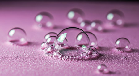 Macro shot of translucent bubbles scattered across a glittery pink backdrop â capturing light refractions and dreamy texture, perfect for beauty, wellness, or fantasy-themed visualの素材