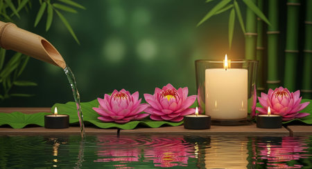 Soothing wellness composition featuring vibrant lotus flowers, warm candlelight, and gentle water flow â evoking mindfulness, balance, and natural serenity for spa or meditation thの素材