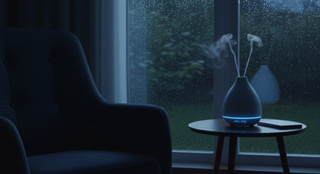 Serene indoor scene with a modern diffuser softly glowing blue, releasing aromatic mist beside a plush chair â perfect for relaxation, wellness, or rainy evening ambiance.の素材