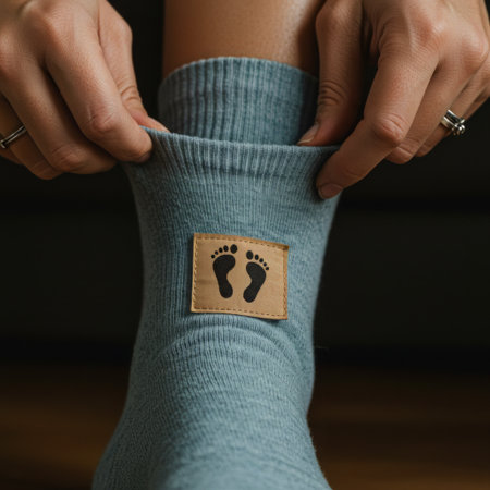 Close-up of hands pulling up a textured blue sock adorned with a minimalist black footprint emblem on a tan fabric patch. Highlights comfort, detail, and everyday wearable style.の素材