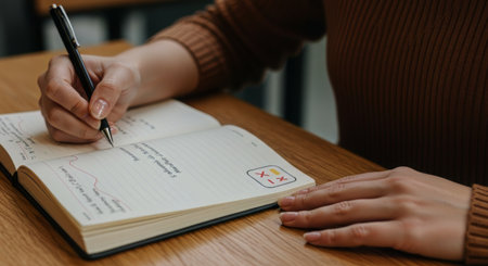 Close-up of hands writing in a lined notebook on a warm wooden desk, featuring a small task completion sticker. Focus on planning, organization, and mindful productivity.の素材