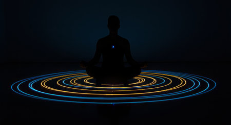Silhouetted figure meditates in darkness, encircled by radiant blue and golden energy waves. Evokes inner peace, mindfulness, and spiritual focus through minimalist light art.の素材