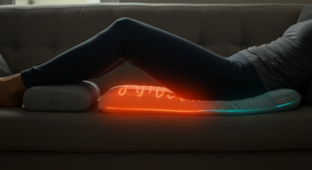 Close-up of legs resting on a modern sofa with a glowing orange and blue lumbar pillow providing targeted support. Soft lighting highlights relaxation and ergonomic wellness tech.の素材