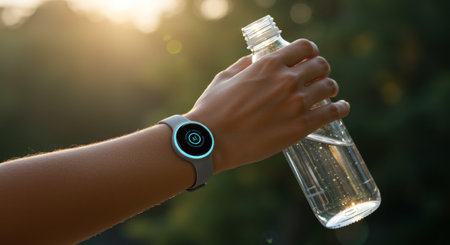 Close-up of a wrist wearing a glowing smartwatch next to a clear water bottle, bathed in warm sunset light. Focus on wellness tech and healthy habits.の素材