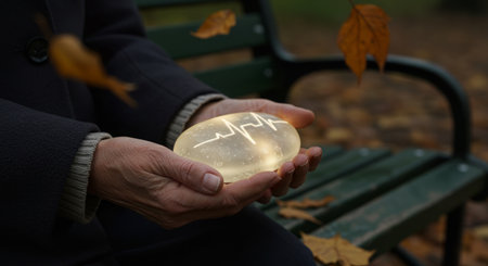 Close-up of wrinkled hands gently holding a warm-glowing oval stone etched with an EKG line, surrounded by falling autumn leaves. Symbolizes wellness, aging gracefully, and mindfulの素材