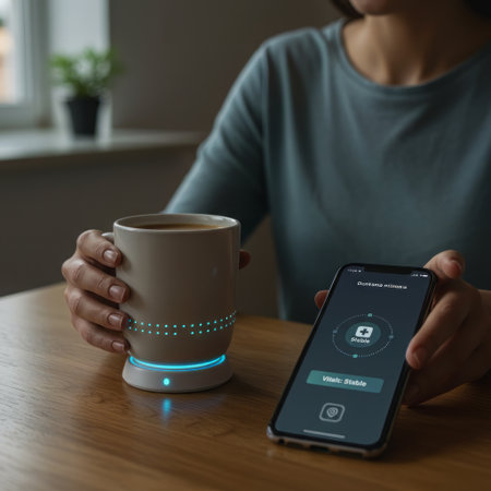 Close-up of hands holding a glowing smart mug beside a smartphone showing âVitals: Stableâ â blending daily ritual with real-time wellness monitoring in a calm home setting.の素材