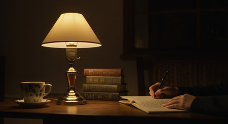 Cozy nighttime scene: hands write in an open notebook under the warm glow of a classic table lamp, beside vintage books and a delicate teacup. Quiet focus and literary ambiance.の素材