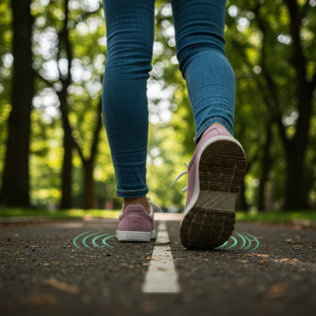Low-angle shot of legs in jeans and pink sneakers stepping along a paved park path, with glowing green arcs visualizing motion. Celebrates active lifestyle and fitness tracking outの素材