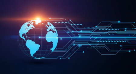 Glowing blue globe with radiant sunrise and streaming digital data lines symbolizing global connectivity and information exchangeの素材