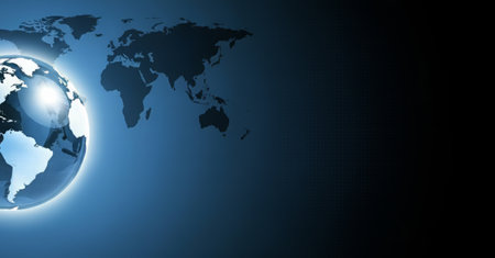 Shiny 3d globe and world map silhouette on deep blue gradient background with subtle dot pattern for global themesの素材