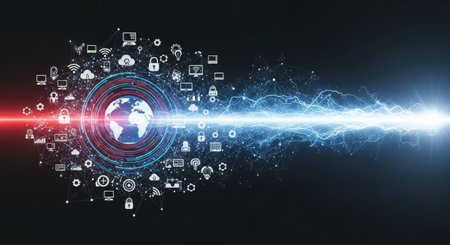 Dynamic global digital network with glowing earth core, streaming data beam, and floating tech icons representing connectivity and innovationの素材