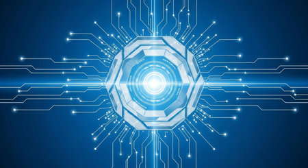 Abstract futuristic tech background featuring a glowing hexagonal core surrounded by circuit lines and digital nodes on deep blue canvasの素材