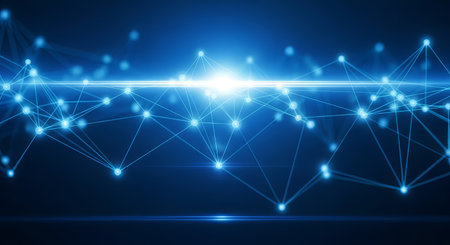 Abstract glowing blue digital network with interconnected nodes and light beams symbolizing data flow and connectivityの素材