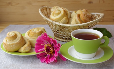 Tea with buns on the gray clothの写真素材