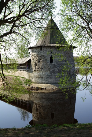 Old towers on the bank of the river Velikaya in Pskov  Russiaのeditorial素材