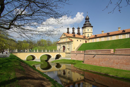 Radziwill castle in Nesvizh, Belarus in spring dayのeditorial素材