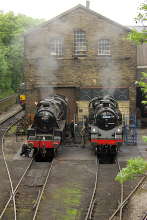 Steam locomotives at the railway station in Haworth, UKのeditorial素材