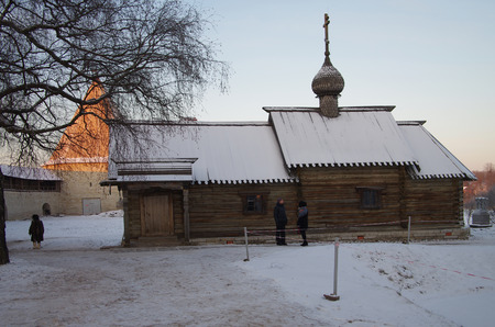 STARAYA LADOGA, RUSSIA - January, 2016: Old wooden Church of St. Demetrius of Thessaloniki in the fortress of Staraya Ladogaのeditorial素材