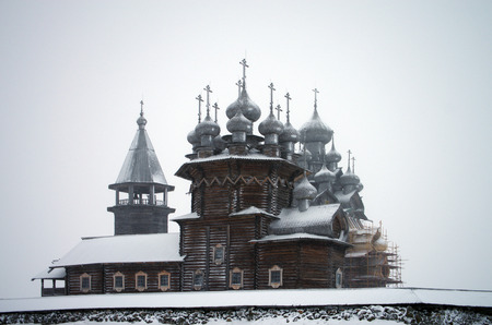 KARELIA, KIZHI, RUSSIA - January, 2016: North Russian wooden architecture - open-air museum Kizhi, Kareliaのeditorial素材