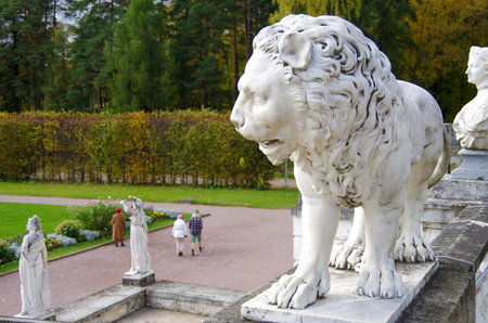 Moscow, Russia - October, 2017: Sculpture of a lion in Arkhangelskoye Museum Estate