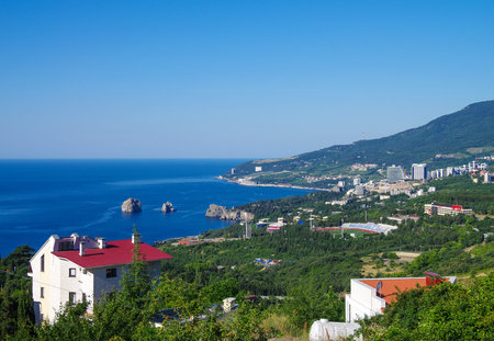 HURZUF, CRIMEA - June, 2018: View of the city and the Black seaのeditorial素材