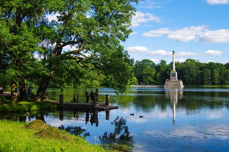 TSARSKOE SELO, ST. PETERSBURG, RUSSIA - August, 2017: The Chesme Column in the Catherine Parkのeditorial素材