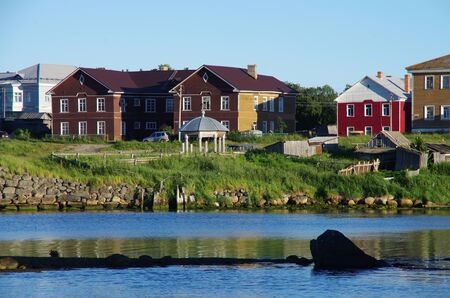 SOLOVKI, REPUBLIC OF KARELIA, RUSSIA - August, 2017: Residential houses in the Bay of Well being on Solovkiのeditorial素材