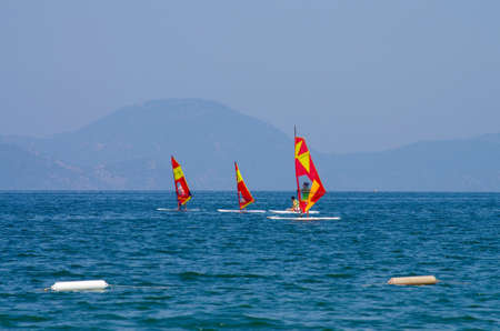 FETHIYE, TURKEY - June, 2019: Windsurfing in the Aegeanのeditorial素材