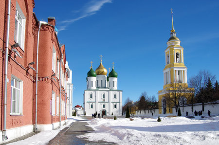 KOLOMNA, RUSSIA - February, 2019: View of historical center with church  in russian town in winter...