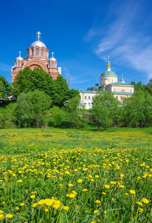 Khotkovo, Moscow Oblast, Russia - May, 2019: Pokrovsky Hotkov Monastery in sunny spring day