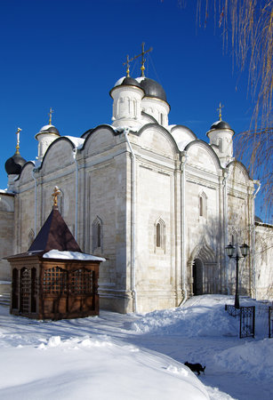 SERPUKHOV, RUSSIA - February, 2019:  Vvedensky Vladychny convent in winter sunny day